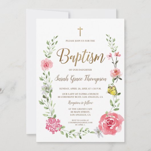 Pink Floral Watercolor Baptism Gold Cross Script  Kaart (Voorkant)