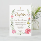 Pink Floral Watercolor Baptism Gold Cross Script  Kaart (Staand voorkant)