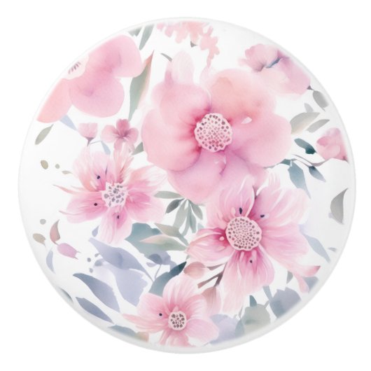 Pink Floral Watercolor  Keramische Knop (Voorkant)