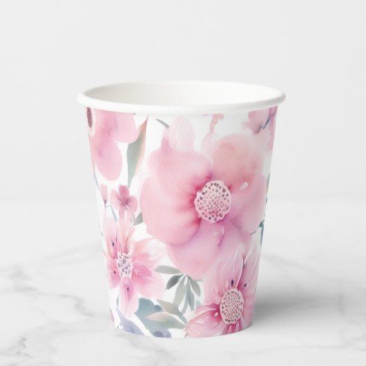 Pink Floral Watercolor  Papieren Bekers (Voorkant)