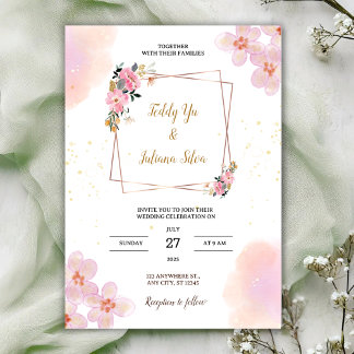 Pink Floral Watercolor Wedding Invitation Kaart