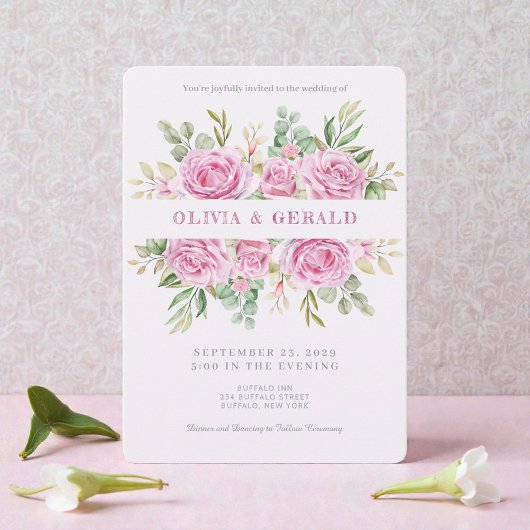 Pink Floral Watercolor Wedding Invitation  Kaart