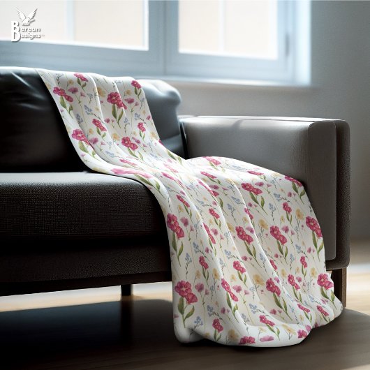 Pink Floral Watercolor Wildflower Fleece Deken