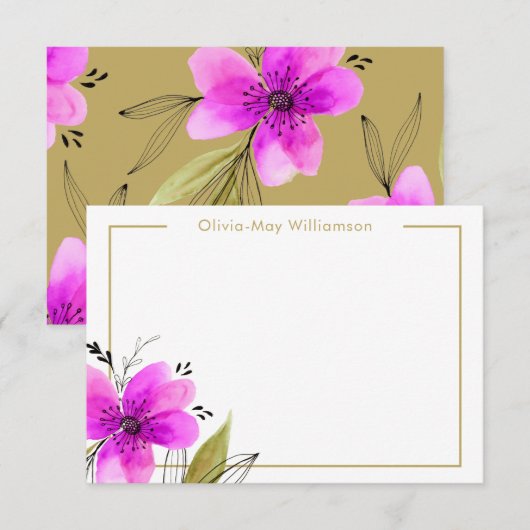 Pink Floral Waterverf - Aangepaste schrijfwaren Notitiekaartje (Voorkant / Achterkant)