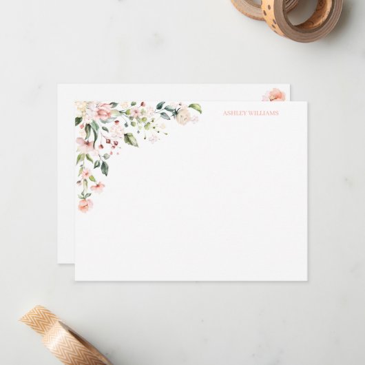 Pink Floral Waterverf - Aangepaste schrijfwaren Notitiekaartje (Voorkant / Achterkant in situ)