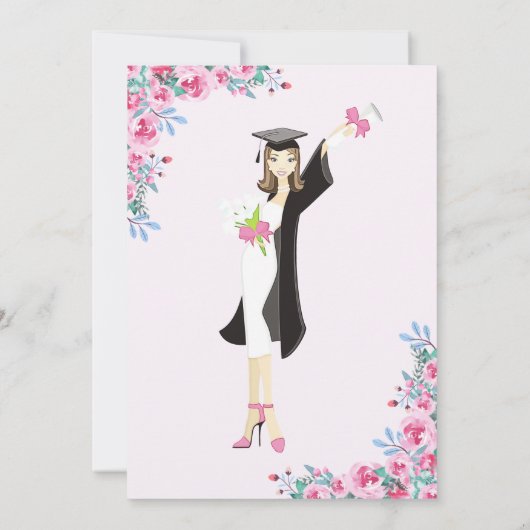 Pink Floral Waterverf Afstuderen Uitnodiging (Achterkant)