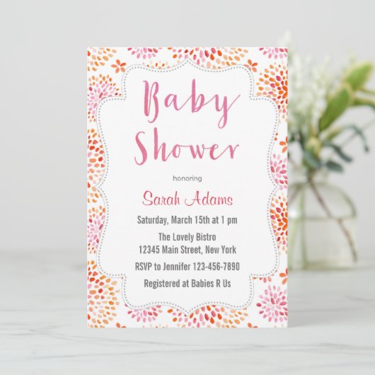 Pink Floral Waterverf Baby shower Uitnodiging (Staand voorkant)
