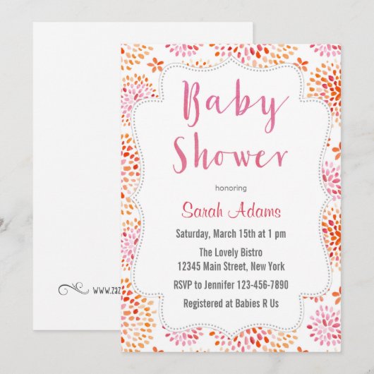 Pink Floral Waterverf Baby shower Uitnodiging (Voorkant / Achterkant)