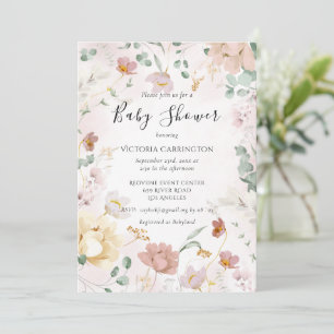 Pink Floral Waterverf Baby shower Uitnodiging