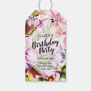 Pink Floral Waterverf Birthday Party Hartelijk dan Cadeaulabel