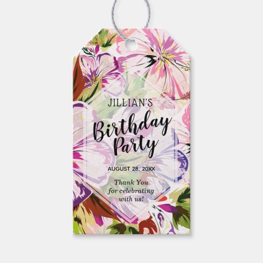 Pink Floral Waterverf Birthday Party Hartelijk dan Cadeaulabel (Voorkant)