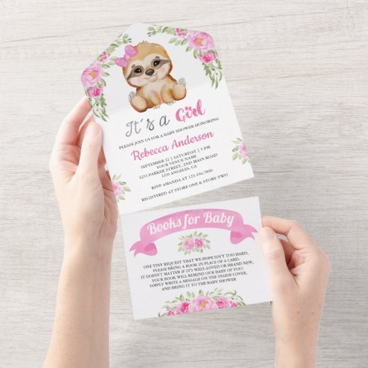 Pink Floral Waterverf Cute Sloth Baby shower All In One Uitnodiging (Afscheurbaar)