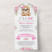 Pink Floral Waterverf Cute Sloth Baby shower All In One Uitnodiging (Binnen)