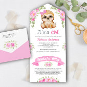 Pink Floral Waterverf Cute Sloth Baby shower All In One Uitnodiging
