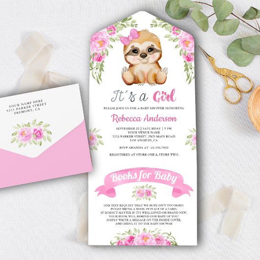 Pink Floral Waterverf Cute Sloth Baby shower All In One Uitnodiging