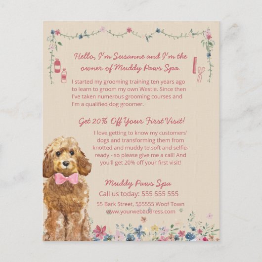 Pink Floral Waterverf Dog Grooming Services Menu (Achterkant)