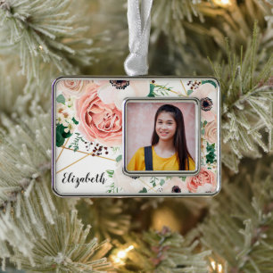 Pink Floral Waterverf Flowers Foto personaliseren Verzilverd Omlijst Ornament