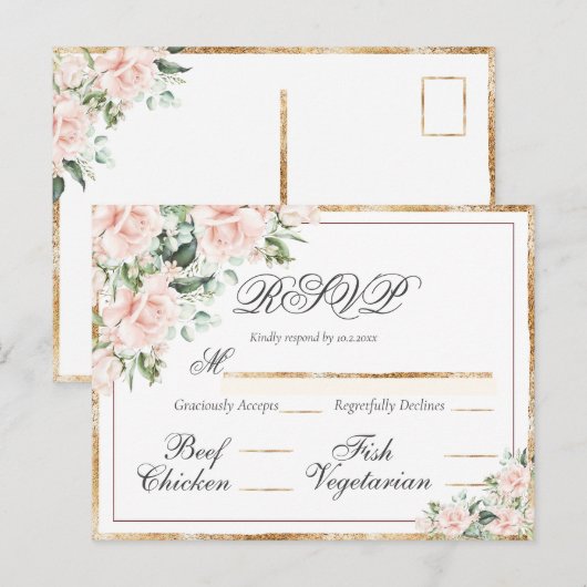 Pink Floral Waterverf Gold Elegant RSVP Briefkaart (Voorkant / Achterkant)