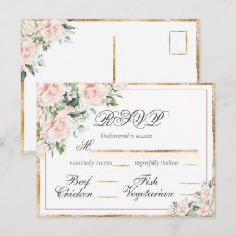 Pink Floral Waterverf Gold Elegant RSVP Briefkaart