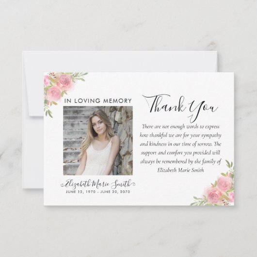 Pink Floral Waterverf Memorial Service Bedankkaart (Voorkant)