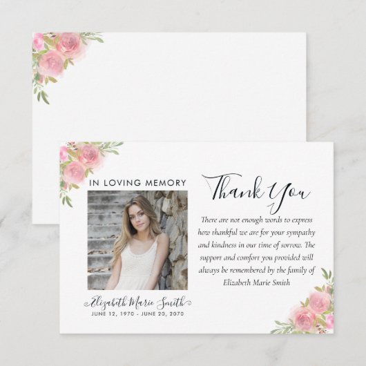 Pink Floral Waterverf Memorial Service Bedankkaart (Voorkant / Achterkant)