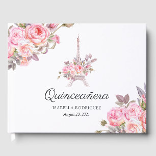 Pink Floral Waterverf Paris Quinceanera Gastenboek