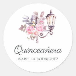 Pink Floral Waterverf  Paris Quinceañera Ronde Sticker