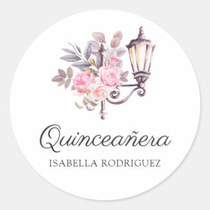 Pink Floral Waterverf  Paris Quinceañera Ronde Sticker