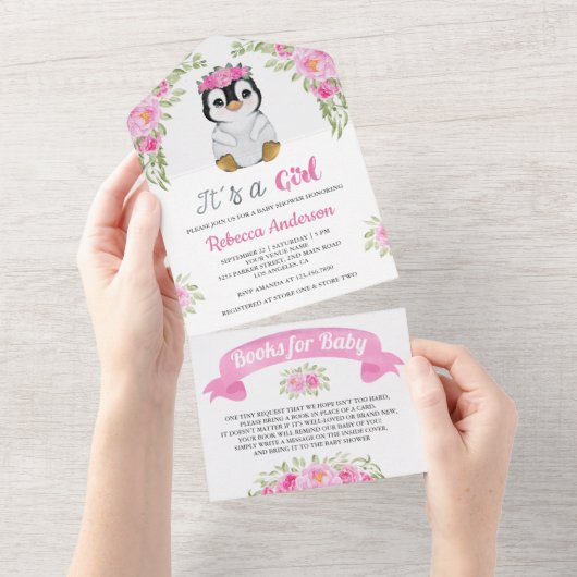Pink Floral Waterverf Penguin Baby shower All In One Uitnodiging (Afscheurbaar)