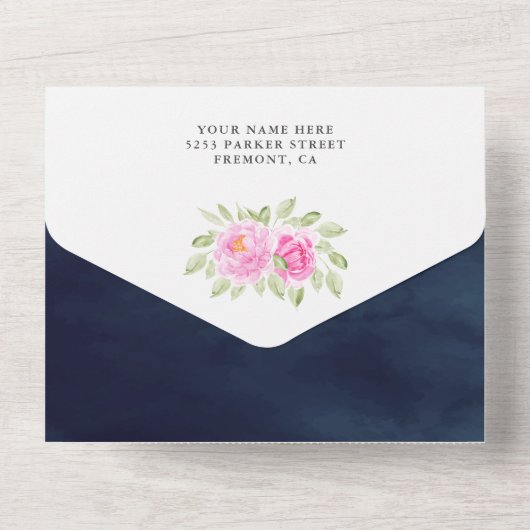 Pink Floral Waterverf Penguin Navy Baby shower All In One Uitnodiging (Achterkant)