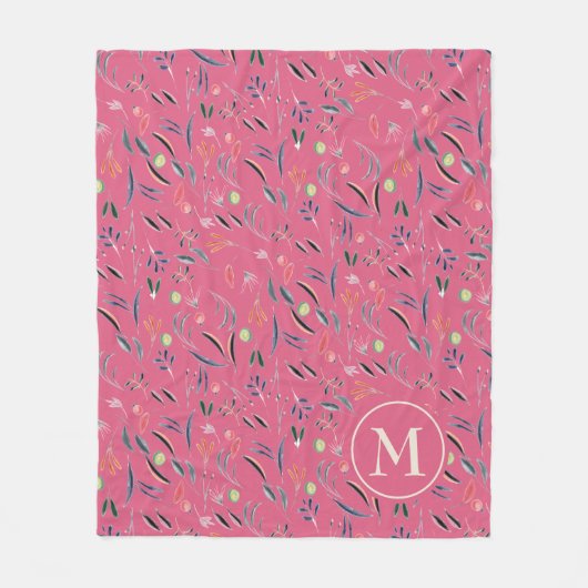 Pink Floral Waterverf Personal Monogram Fleece Deken (Voorkant)