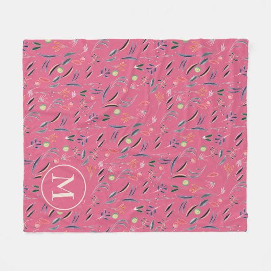 Pink Floral Waterverf Personal Monogram Fleece Deken (Voorkant (Horizontaal))