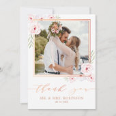 Pink Floral Waterverf Roos Gold Wedding Foto Bedankkaart (Voorkant)