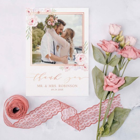 Pink Floral Waterverf Roos Gold Wedding Foto Bedankkaart