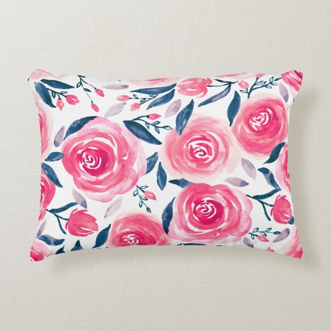 Pink Floral Waterverf Roos Patroon Accent Kussen (Voorkant)