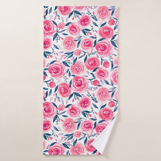 Pink Floral Waterverf Roos Patroon Badhanddoek (Badhanddoek)