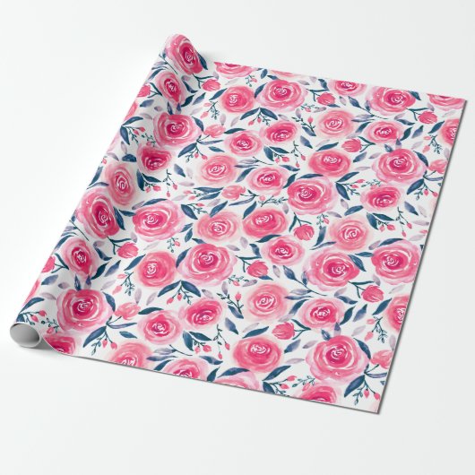 Pink Floral Waterverf Roos Patroon Cadeaupapier (Uitgerold)