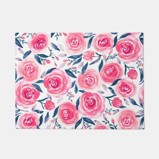 Pink Floral Waterverf Roos Patroon Deurmat (Voorkant)