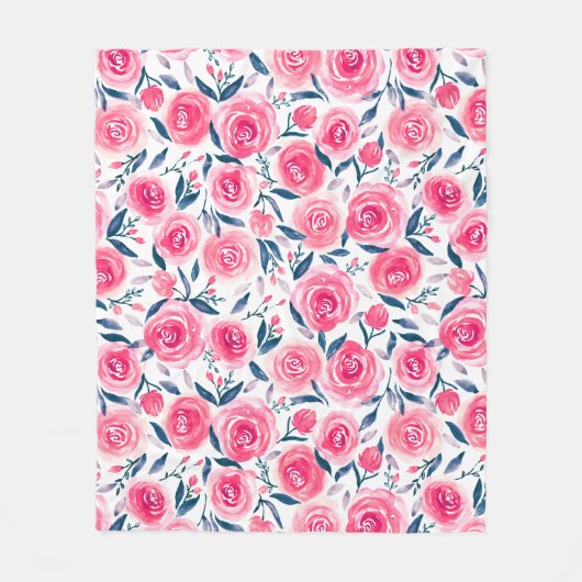 Pink Floral Waterverf Roos Patroon Fleece Deken (Voorkant)