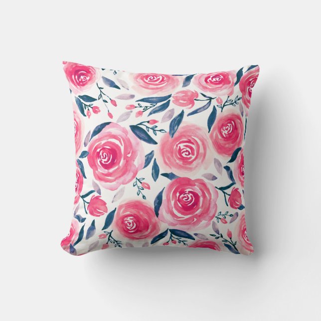 Pink Floral Waterverf Roos Patroon Kussen (Voorkant)
