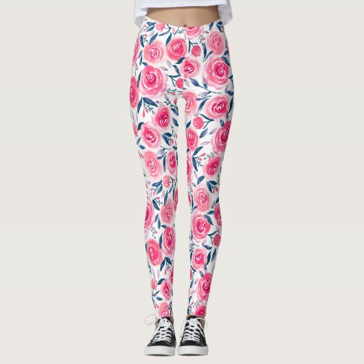 Pink Floral Waterverf Roos Patroon Leggings (Voorkant)