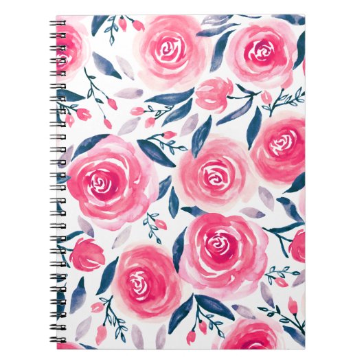 Pink Floral Waterverf Roos Patroon Notitieboek (Voorkant)