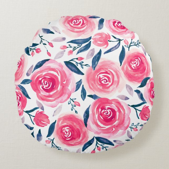 Pink Floral Waterverf Roos Patroon Rond Kussen (Voorkant)