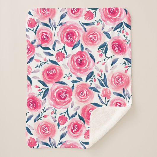 Pink Floral Waterverf Roos Patroon Sherpa Deken (Voorkant)