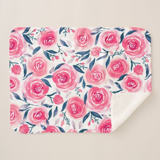Pink Floral Waterverf Roos Patroon Sherpa Deken (Voorkant (horizontaal))