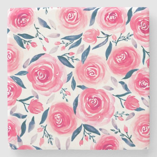 Pink Floral Waterverf Roos Patroon Stenen Onderzetter (Voorkant)