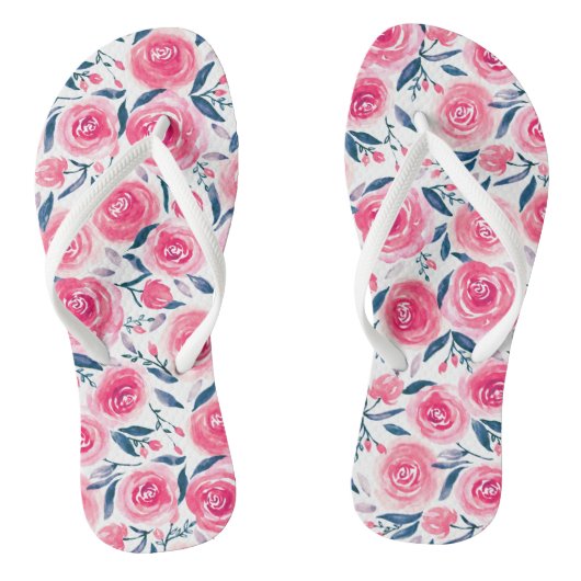 Pink Floral Waterverf Roos Patroon Teenslippers (Voetbed)