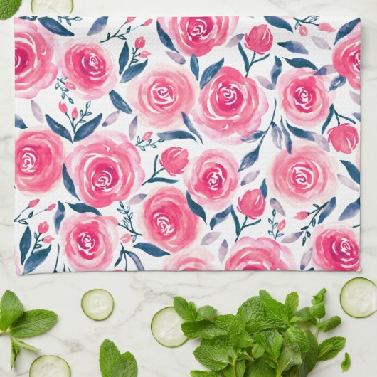 Pink Floral Waterverf Roos Patroon Theedoek (Gevouwen)