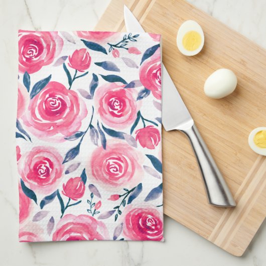 Pink Floral Waterverf Roos Patroon Theedoek (Quarter Fold)