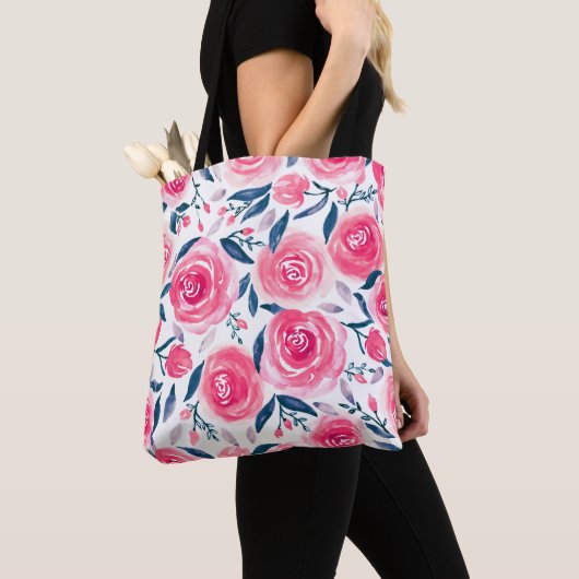 Pink Floral Waterverf Roos Patroon Tote Bag (Dichtbij)